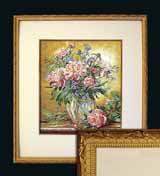 Вышивка «Пионы» 34,5х29,5
(антиблик стекло, оргалит, установка, паспарту, окно, слип к паспарту деревянный, натяжка , рама)
