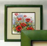 Вышивка «Маки» 26х28
(рама, стекло антиблик, задник, установка, двойное паспарту, вырез окна, натяжка)
