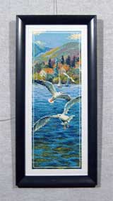 Вышивка «Морской пейзаж» 43,0х18,5
(рамка деревянная, стекло антибликовое, оргалит, установка, натяжка)
