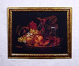 Вышивка на черной канве «Натюрморт» 36,5х48,0
(рамка пластиковая, стекло стандартное, оргалит, установка работы в раму, натяжка вышивки)
