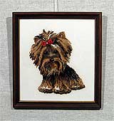 Вышивка «Йоркширский терьер» 26,5х24,5
(рамка деревянная, стекло стандартное, оргалит, установка работы в раму, натяжка вышивки)
