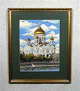 Вышивка «Собор» 43,3х33,5
(рамка деревянная, стекло стандартное, задник, паспарту, вырез окна в паспарту, натяжка вышивки)
